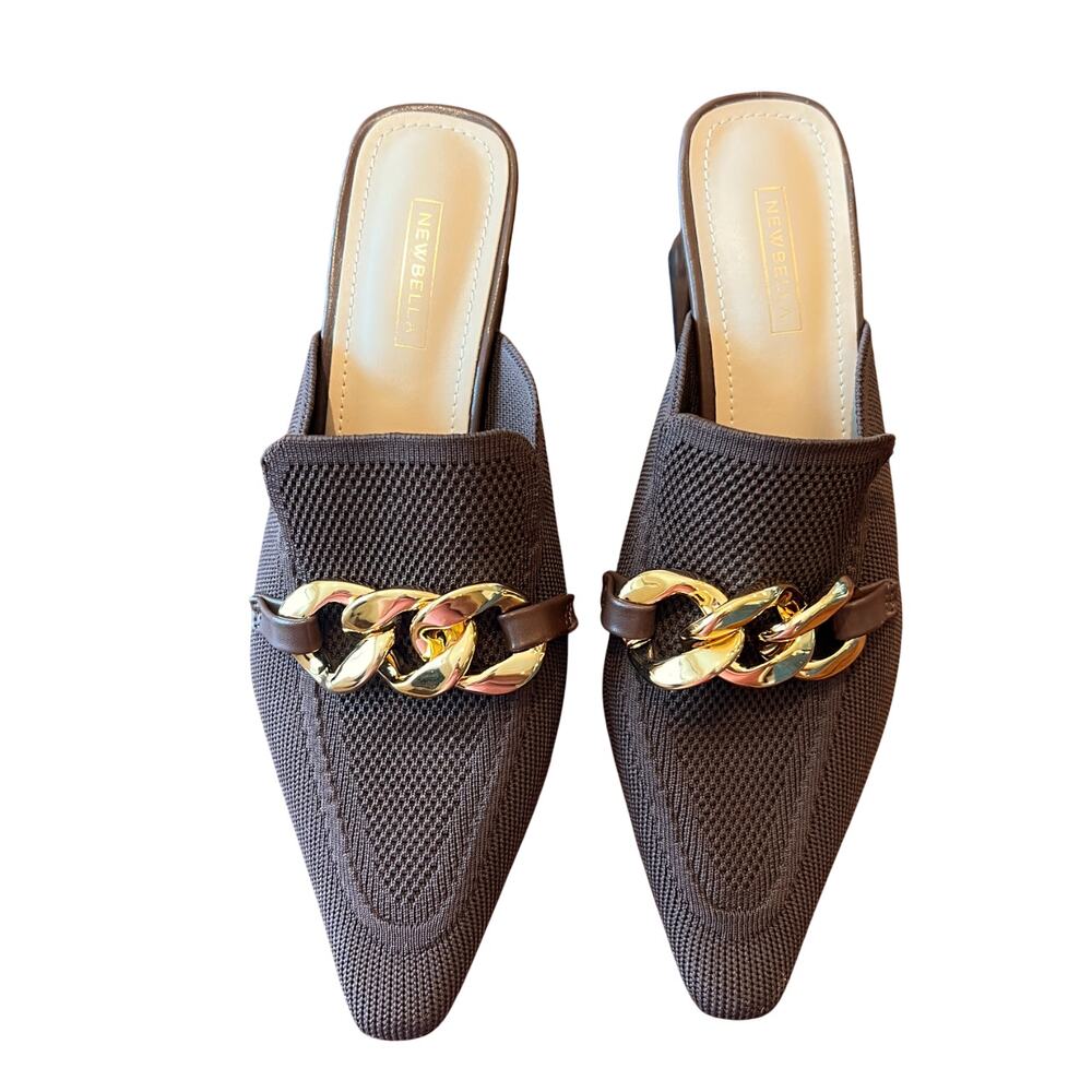 Newbella Women's Brown Mousse Pointed Toe W/Gold Chain Mule Shoes - SIZE 8 1/2